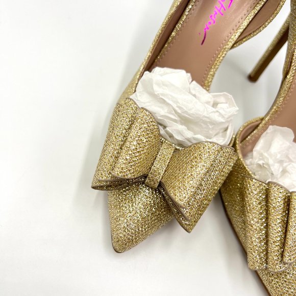 Betsey Johnson Womens Size 6.5 Gold Bow Pointed Stiletto Dress Heels Pumps Shoes - Picture 4 of 12